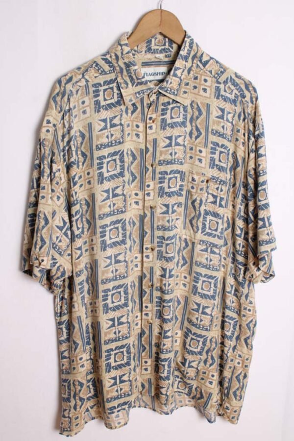 Camisa Print Étnico Vintage Azul y Caqui "2XL"