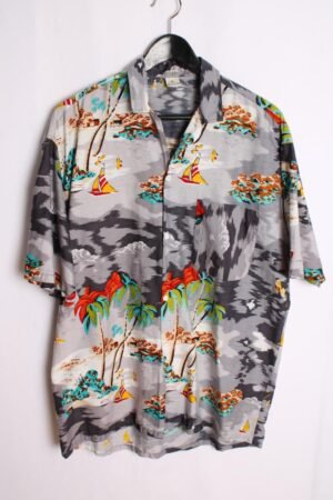 Camisa Hawaiana Vintage Gris con Palmeras "L"