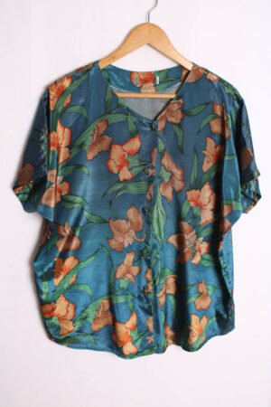 Blusa Petróleo Vintage con Flores "XL"