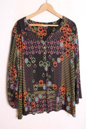 Blusón Vintage de Manga Larga Negro Estampado Geométrico "2XL"
