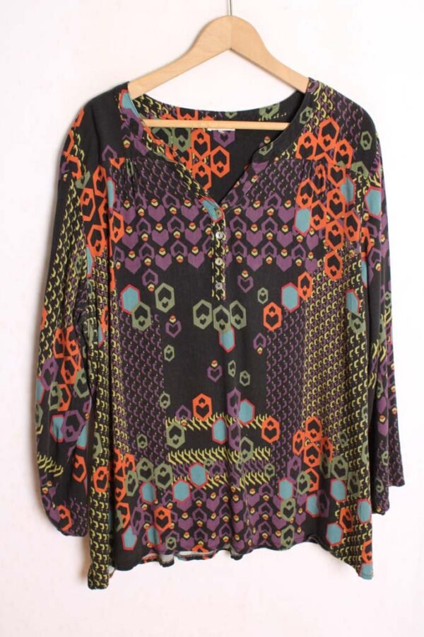 Blusón Vintage de Manga Larga Negro Estampado Geométrico "2XL"