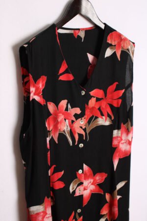 Vestido Sin Mangas Negro Vintage con Flores "XL"