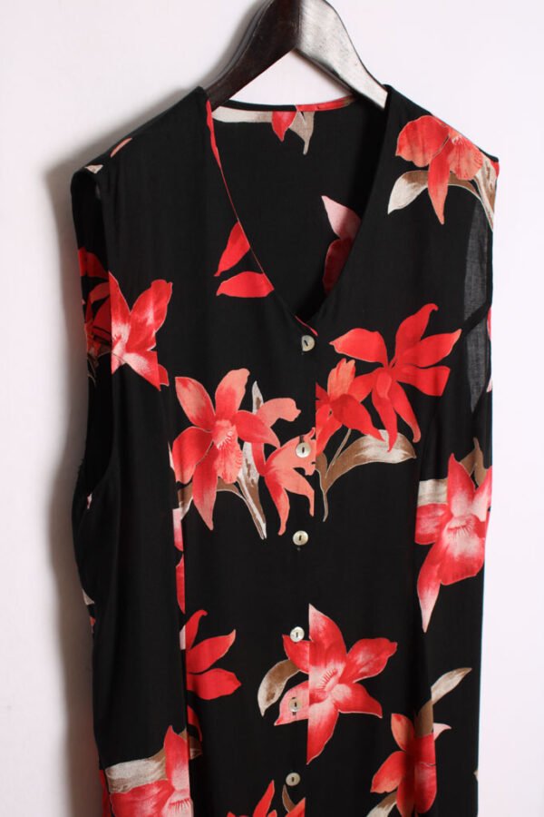 Vestido Sin Mangas Negro Vintage con Flores "XL"