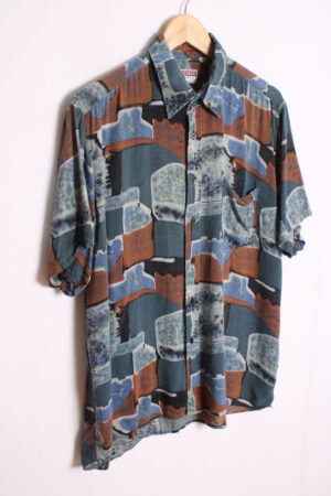 camisa estampada vintage_-80 Camisa Print Abstracto Vintage Verde y Marrón "L"