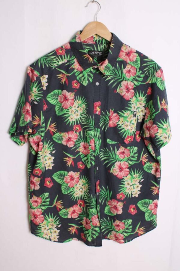 Camisa Print Hawaiano Vintage Azul con Flores "L"