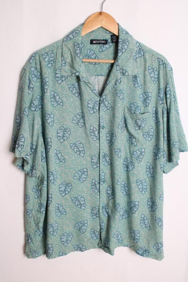 Camisa Print Hawaiano Vintage Turquesa con Hojas "2XL"