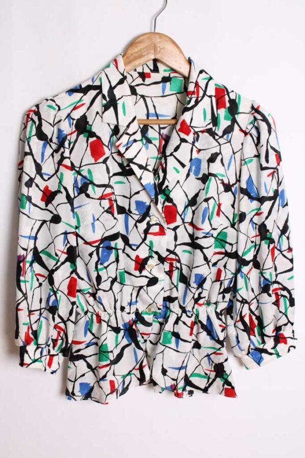 blusa vintage mujer 80s-100 Blusa Vintage Blanca y Estampada "S"