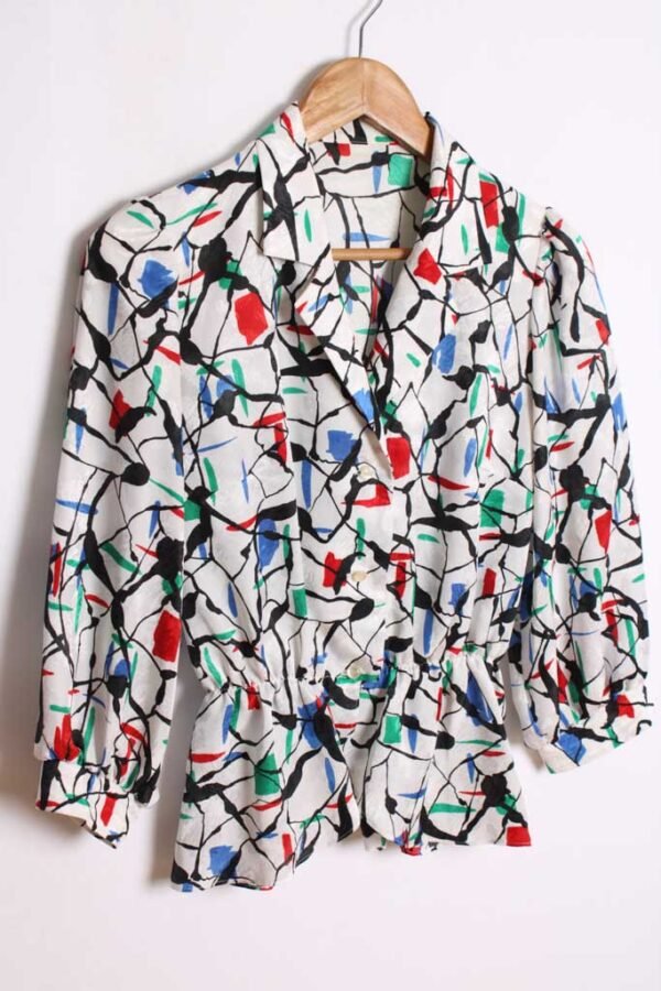 blusa vintage mujer 80s-53 Blusa Vintage Blanca y Estampada "S"