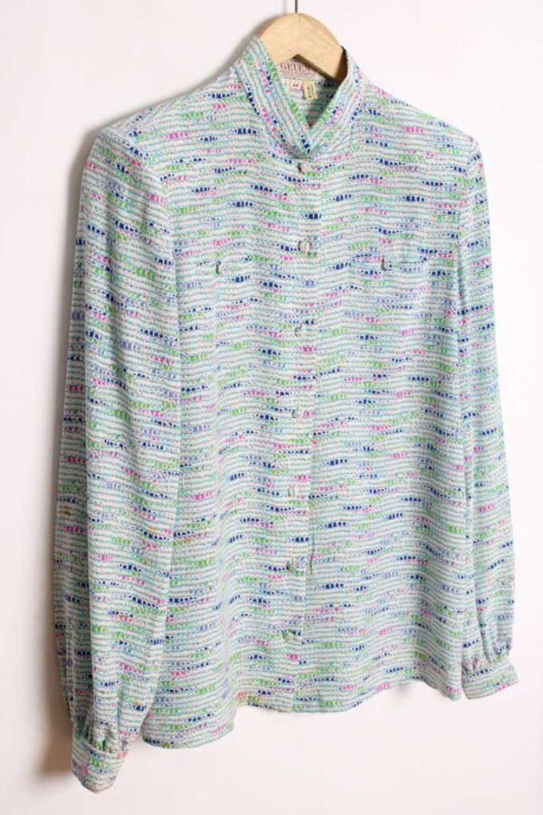 blusa vintage mujer 80s-57 Blusa Cuello Mao Vintage de Seda Estampada "M"