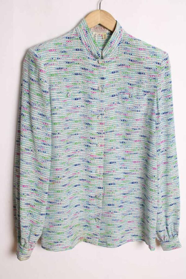 blusa vintage mujer 80s-92 Blusa Cuello Mao Vintage de Seda Estampada "M"