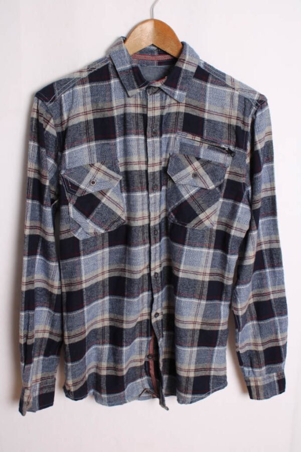 Camisa Franela Cuadros Gris y Azul Vintage "S"