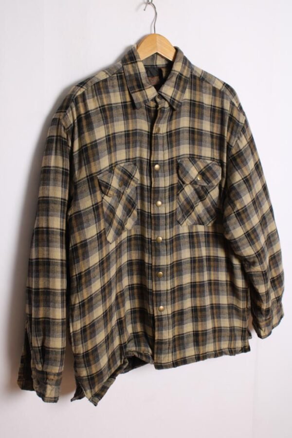 Camisa Forrada Vintage Cuadros Negro y Beige "L"